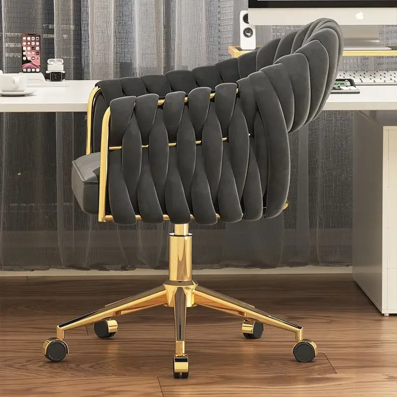 Modern Woven Dining Chair Rotating Lift Stool Simple Bedroom Makeup Vanity Swivel Chair Computer Study Chair Velvet Lounge Chair - Image 4