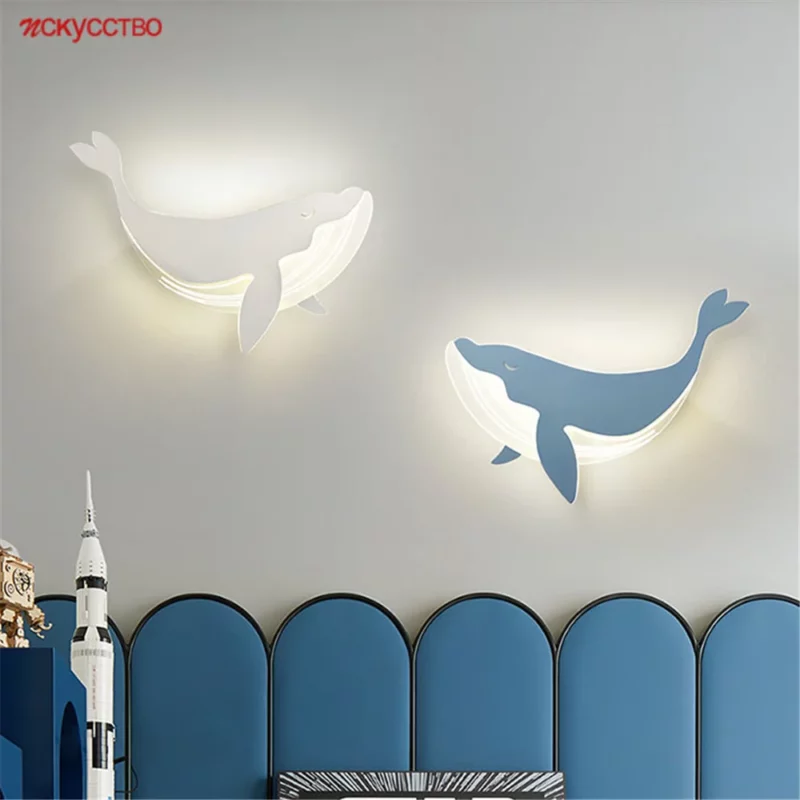Children'S Room Blue Dolphin Rabbit Acrylic Led Wall Lamp Kids Bedside Study Hallway Kindergarten Sconces Home Deco Night Lights