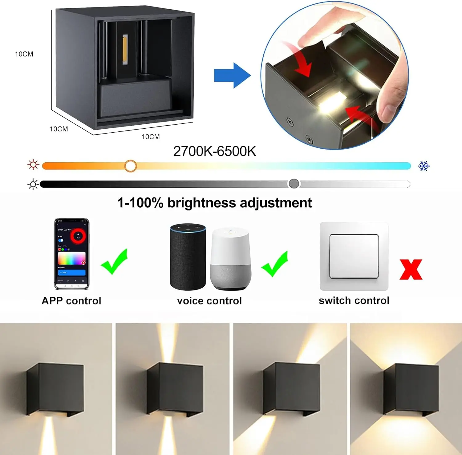 Smart LED Wall Lamp WIFI APP Alexa Google Control RGBCW 2700-6500K Cube Adjust Angle Up and Down Light IP65 Aluminum Waterproof - Image 4