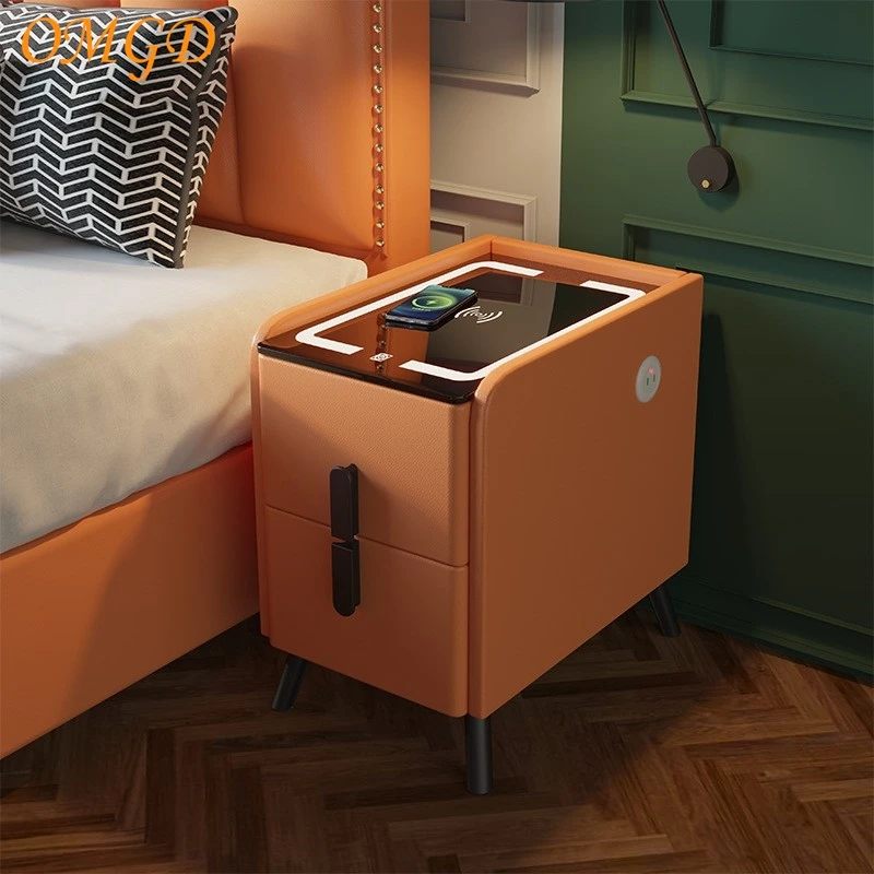 OMGD Upholstered Smart Nightstand Modern Minimalist Narrow Bedside Cabinet With Lights Wireless Charging Tri-Colour Lights - Image 2