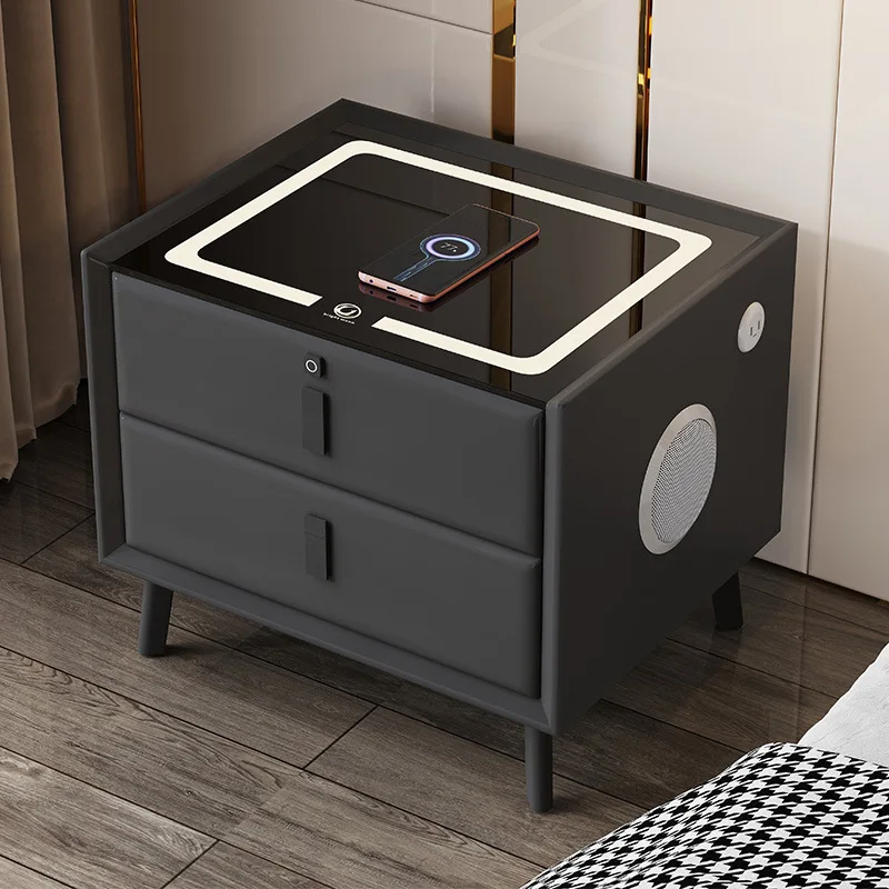 Nordic Style Smart Bedside Table with 2 Drawers 50cm Leather Nightstands with Wireless Charging Home Side Cabinet with USB