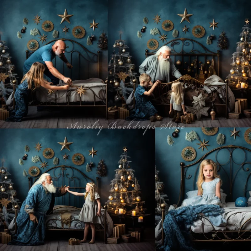 Christmas Star Bedroom Backdrops Kids Adult Xmas Photography Props Child Adult Photocall Decors Xmas Trees Blue Bed Background