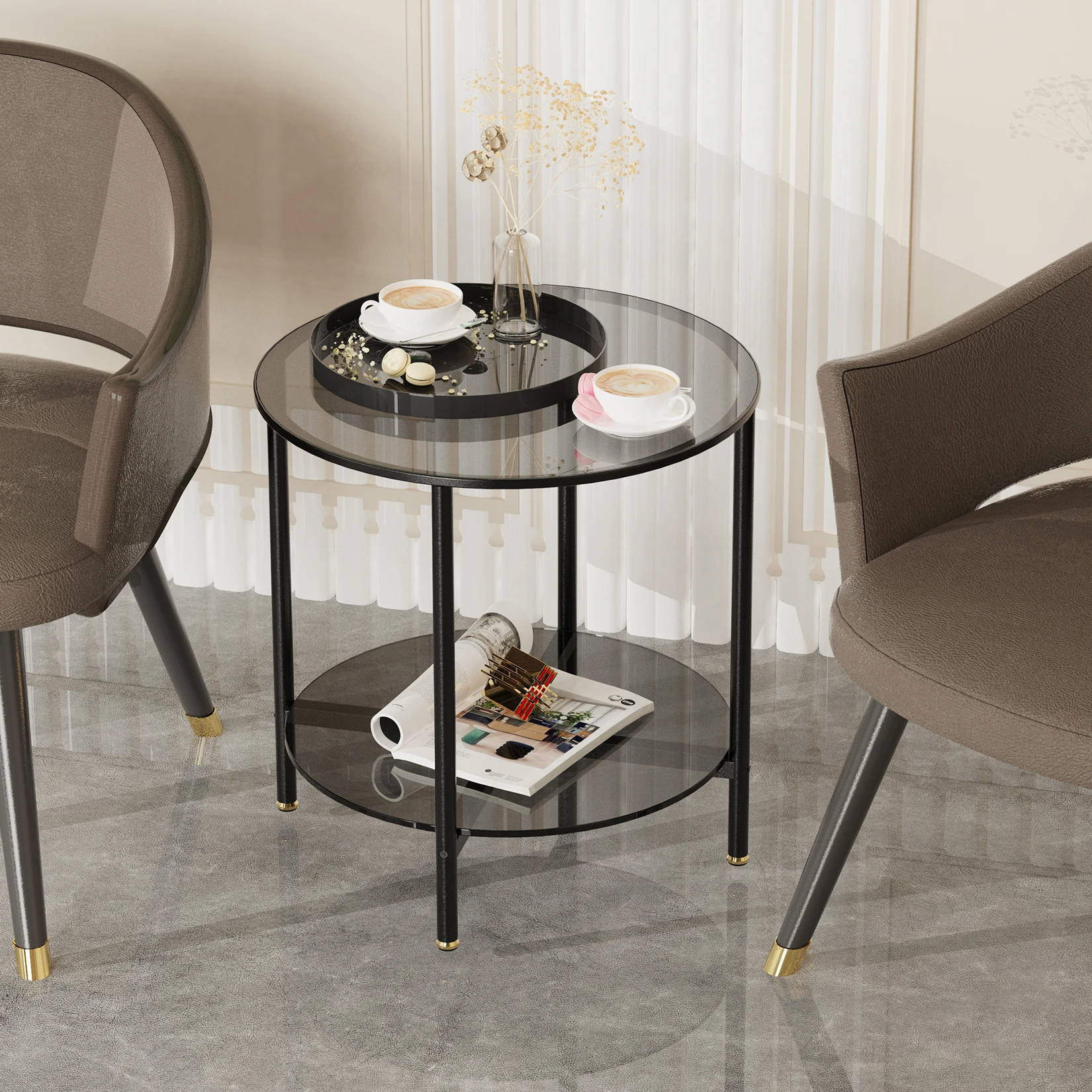 20” Round Coffee Table with Storage 2-Tier, Accent Table,Cocktail Table with Tempered Glass Top - Image 3
