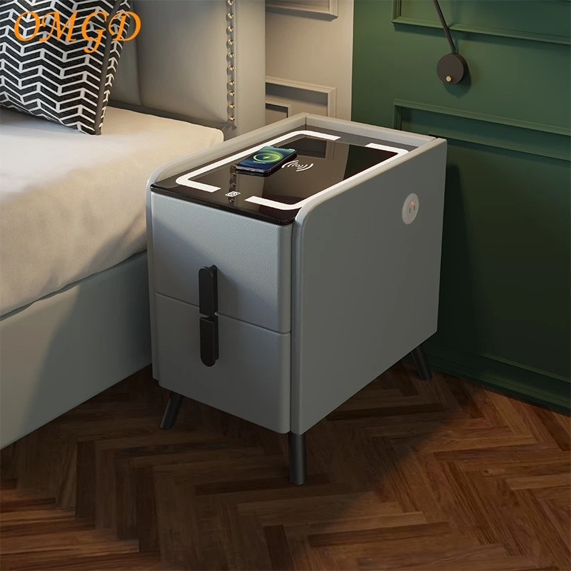 OMGD Upholstered Smart Nightstand Modern Minimalist Narrow Bedside Cabinet With Lights Wireless Charging Tri-Colour Lights - Image 3
