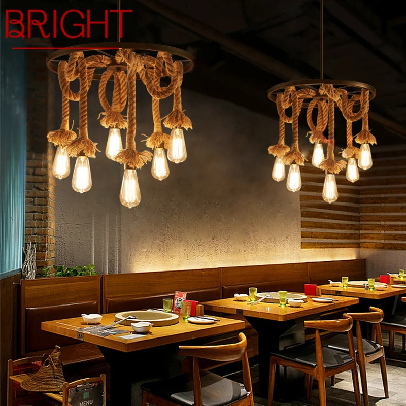 BRIGHT American Style Retrohemp Rope Chandelier Nostalgic Loft Industrial Style Internet Cafe Restaurant Hot Pot Shop Pendant