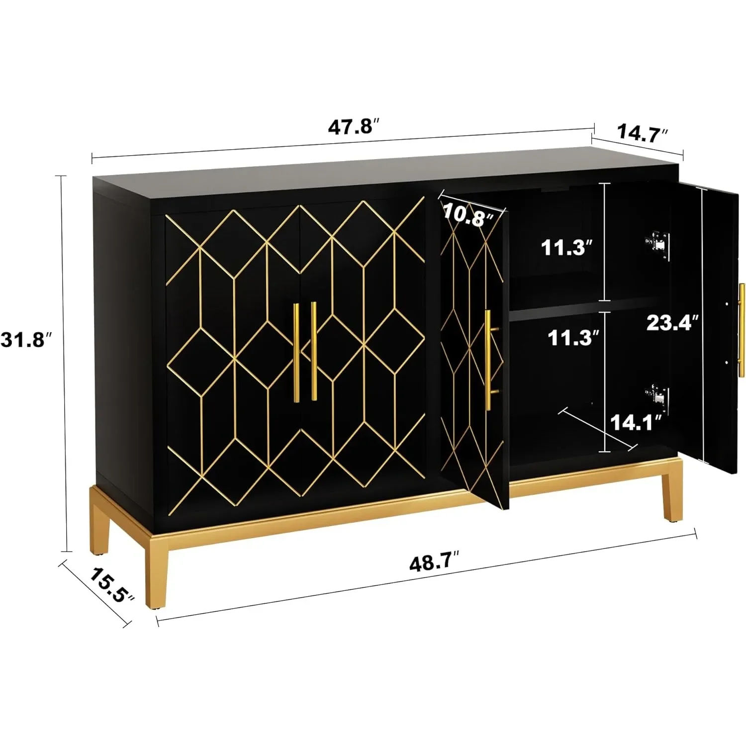 Accent Cabinet with 4 Doors & Shelves Sideboard Buffet Cabinet with Gold Trim Modern Black Storage Cabinet for Living Room - Image 5