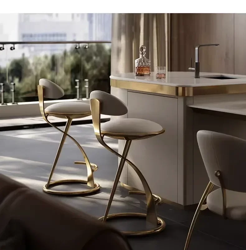 Luxury Italian Stainless Steel High Stool Internet Celebrity High-end Island Hotel Leather Art Metal Bar Chair Back
