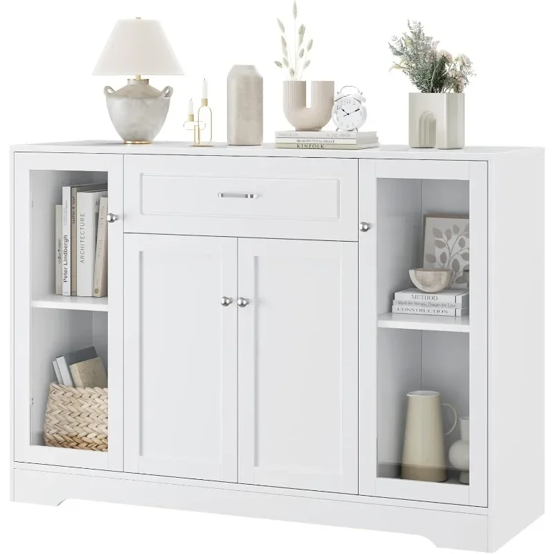 Kitchen Buffet Cabinet, 47'' Buffet Sideboard with Glass Doors, 1 Drawer and Display Shelves, Modern Farmhouse Coffee Bar