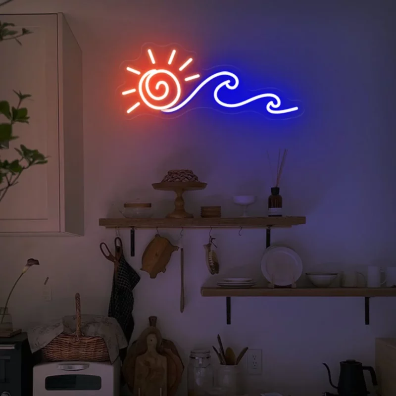 Sun and Wave Neon Sign Sunburst Sign Nursery Game Room Sign Kids Baby Bedroom Above Bed Night Neon Game Room Bar Wall Art Decor
