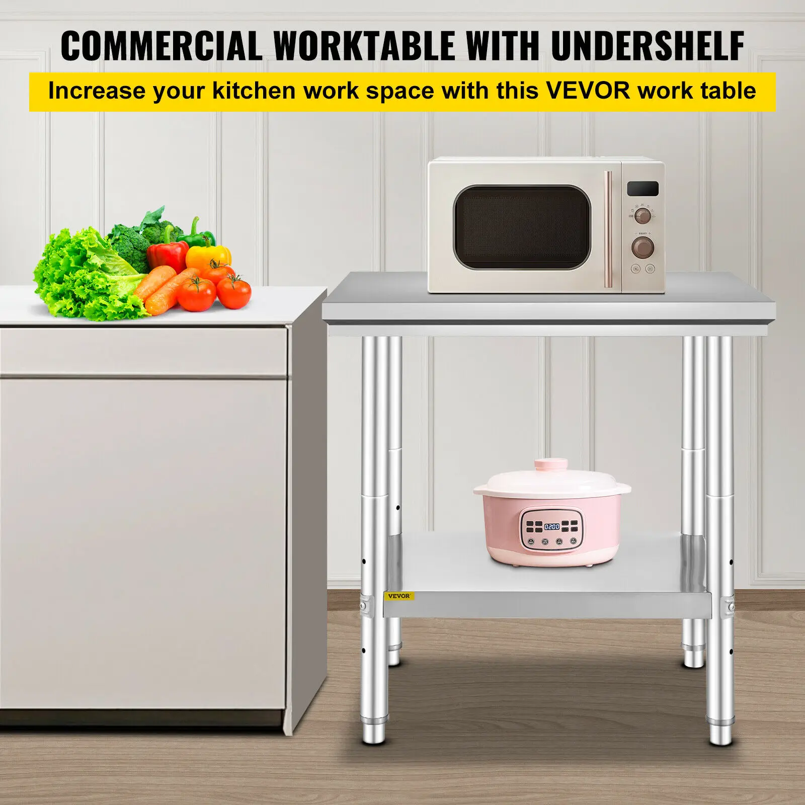 VEVOR Kitchen Work Bench Commercial Catering Table Worktable with Undershelf Stainless Steel 330LBS 286LBS for Restaurant Garage - Image 4