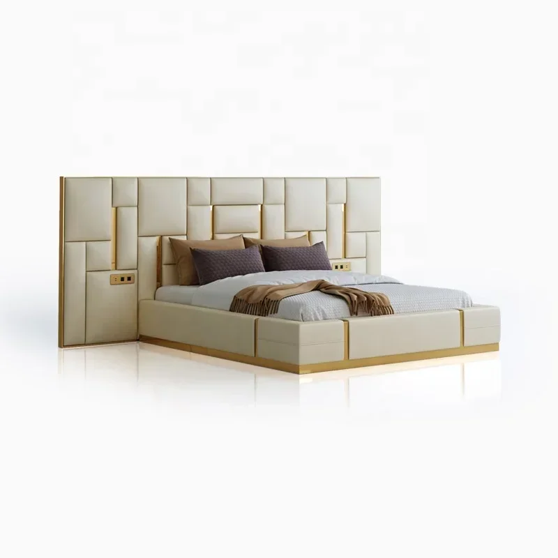 Modern Hotel Home Furniture Queen King Size Bed Frame Mattress Luxury Leather Classic Smart Bed King Headboards for Double S Bed