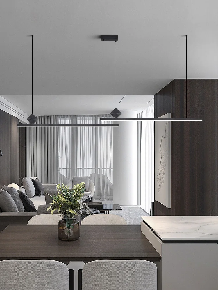 Aluminum dining room chandelier modern Nordic black geometric strip light office dining table island bar light - Image 2