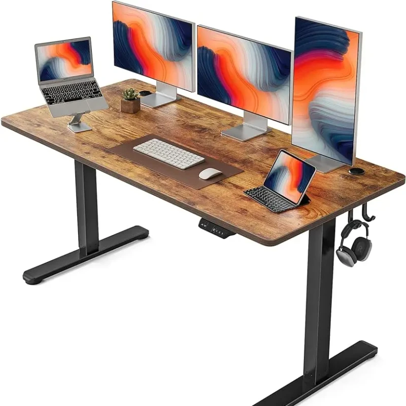 Height Adjustable Electric, 63 x 24 Inches Table, Sit Stand Home Office Desk with Splice Board, Black Frame/Rustic Brown Top