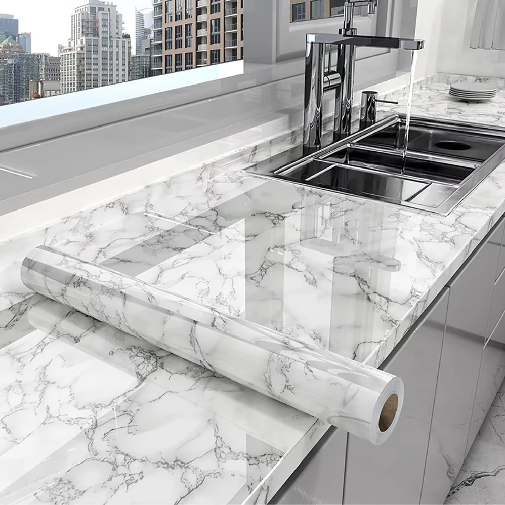 Kitchen Oil-Proof PVC Marble Sticker Waterproof Moisture-Proof Wallpaper Countertop Self-Adhesiv Cabinet Renovation Tile Sticker