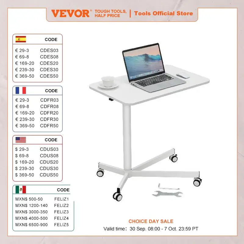 VEVOR 28"-44" Gas-Spring Height Adjustable Sit-Stand Desk W/ Wheels Portable Rolling Laptop Table Computer Cart for Home Office