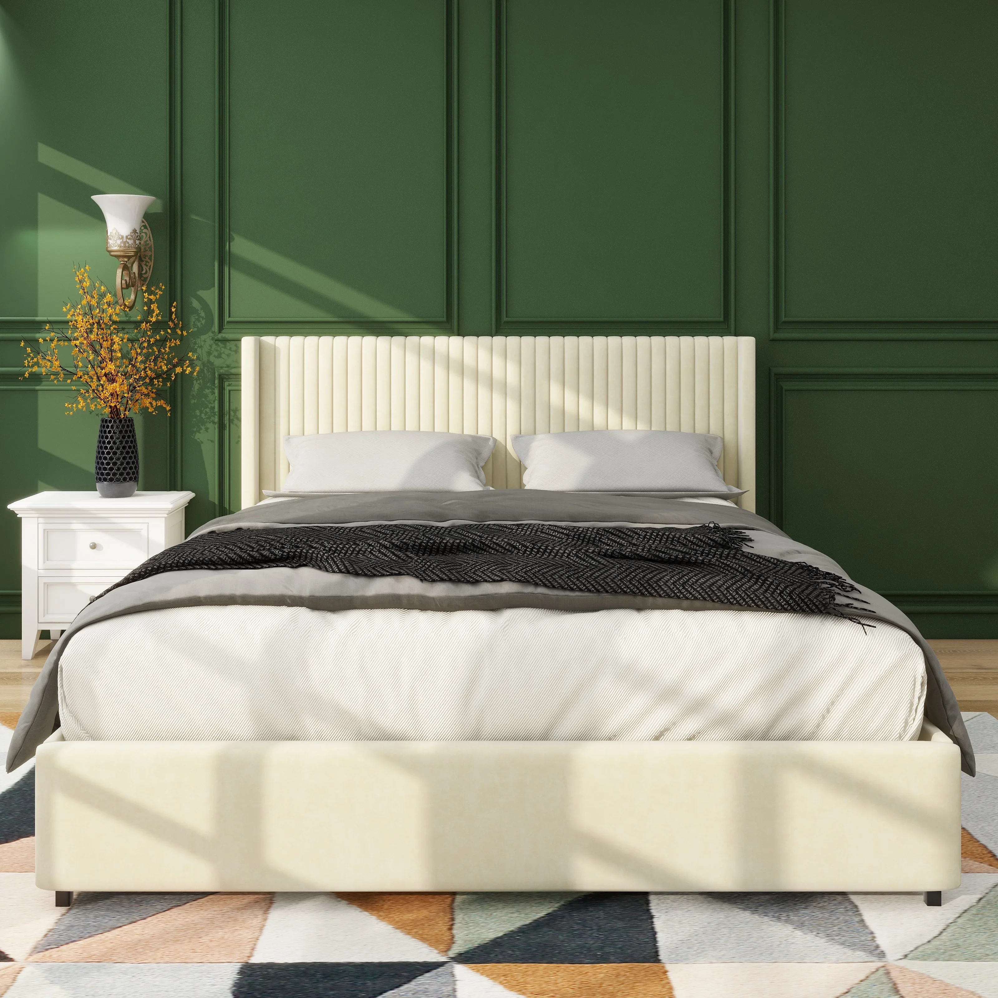 Anna Queen Size Ivory Velvet Upholstered Wingback Platform Bed W/Patented 4 Drawers Modern Design Headboard&Tight Channel - Image 3