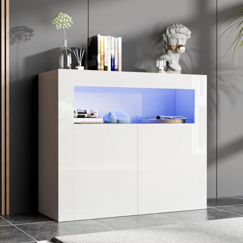 Modern Buffet Cabinet with LED Lights, High Glossy Sideboard Storage Cabinet with 2 Doors and Adjustable Shelf, Wood Bar Cabinet