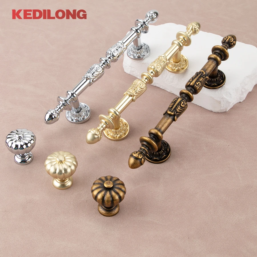 KEDLO European retro light luxury drawer gold long pull style kitchen cabinet silver Pull handle drawer antique knob