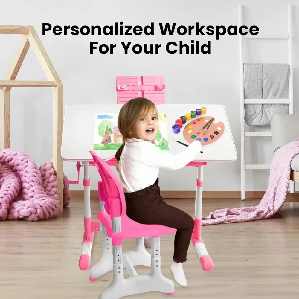 Kids Desk and Chair Set for Ages 4-12, Height Adjustable Children's Study Table, Student School Desks with Lamp, Pencil Case - Image 6