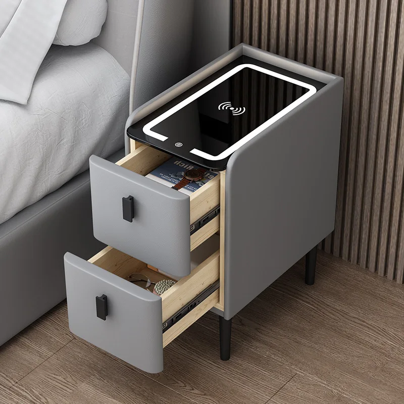 Solid Wood Bedside Table Nordic Style Smart Bedroom Nightstands with Wireless Charging USB Bluetooth Storage Cabinet - Image 3