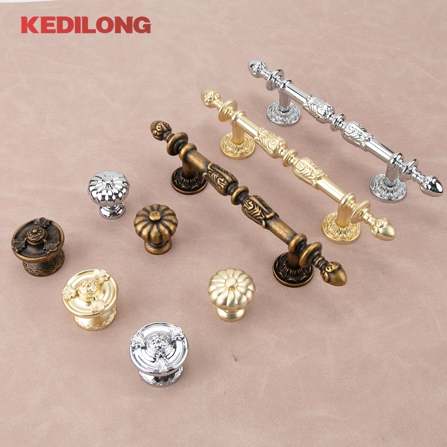 KEDLO European retro light luxury drawer gold long pull style kitchen cabinet silver Pull handle drawer antique knob - Image 5