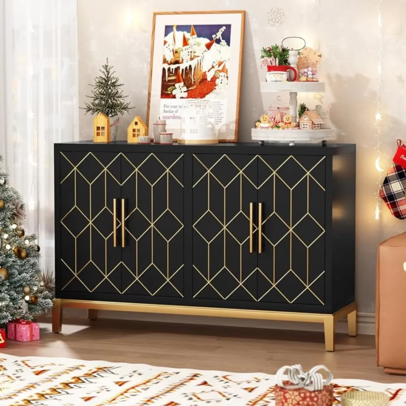 Accent Cabinet with 4 Doors & Shelves Sideboard Buffet Cabinet with Gold Trim Modern Black Storage Cabinet for Living Room