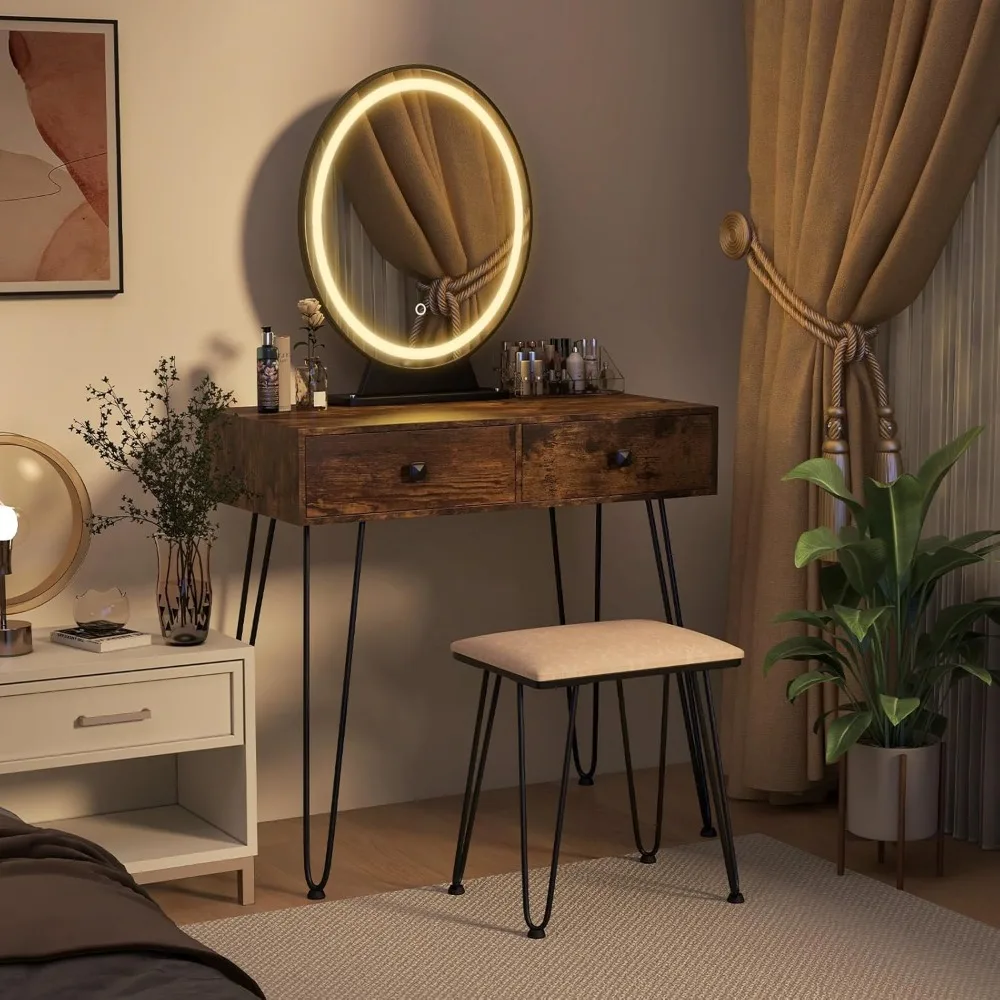 Makeup Table with Illuminated Mirror, 3 Color Lighting Modes, Adjustable Brightness, 2 Large Drawers and Acrylic Storage Box - Image 2