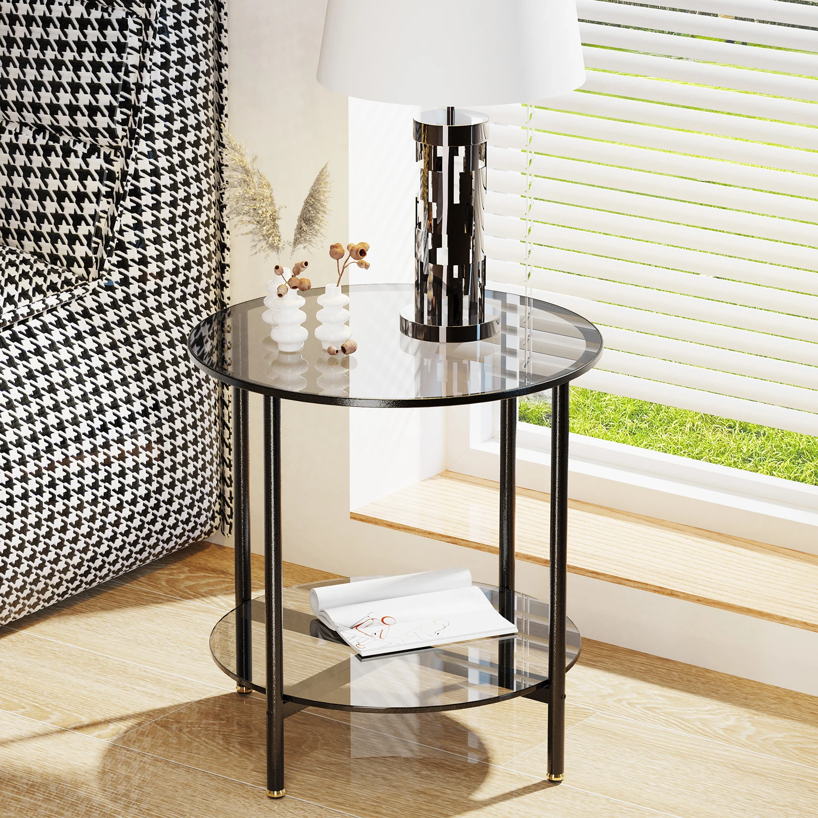 20” Round Coffee Table with Storage 2-Tier, Accent Table,Cocktail Table with Tempered Glass Top - Image 4