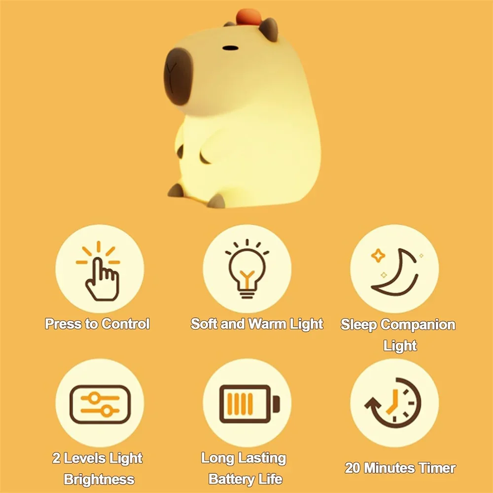 Silicone Capybara Night Lights Portable USB Rechargeable Animal Touch Control Lamp with Timing Function for Home Bedroom Decor - Image 5