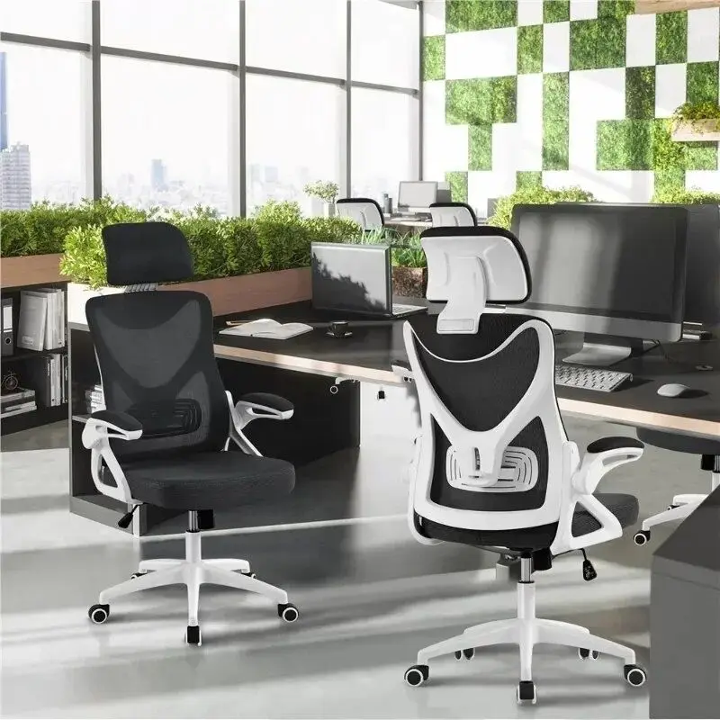 High Back Ergonomic Mesh Office Chair with Adjustable Padded Headrest, White/Black Furniture - Image 2