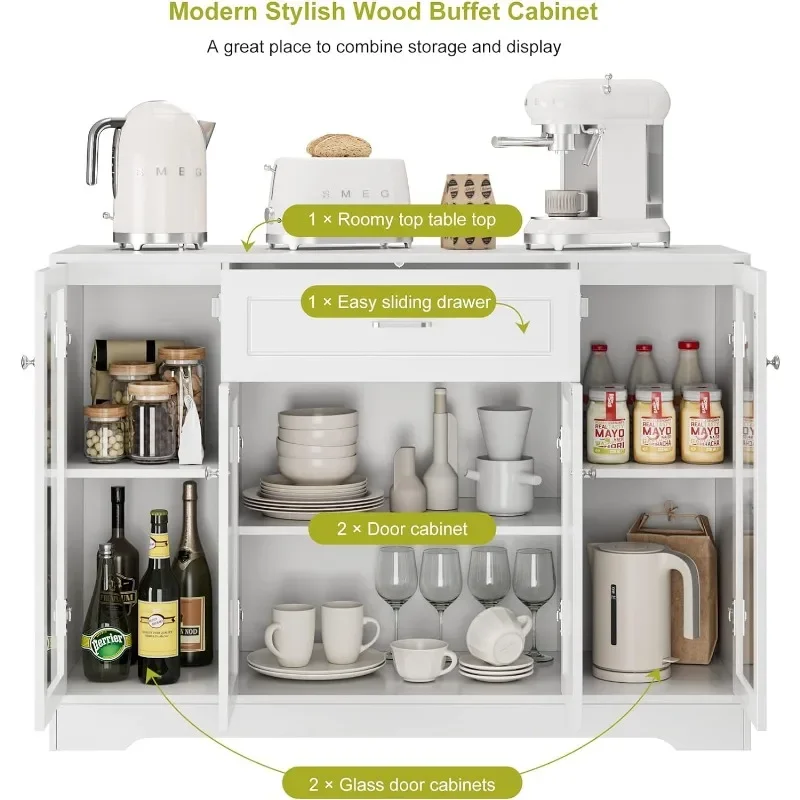 Kitchen Buffet Cabinet, 47'' Buffet Sideboard with Glass Doors, 1 Drawer and Display Shelves, Modern Farmhouse Coffee Bar - Image 4
