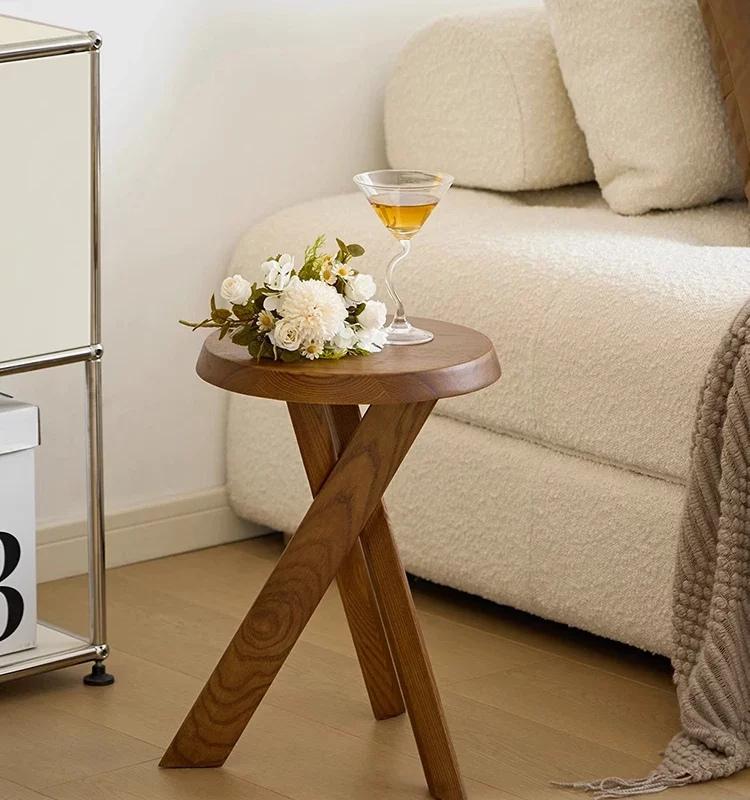 Medieval Solid Wood Side Table Small Coffee Table Living Room Corner Table Round Bedside Table Tea Table