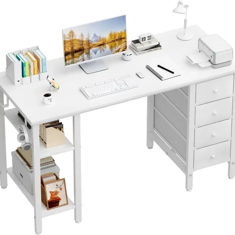 White Computer Desk with Drawers & Storage Shelves, 47 Inch Study Work Writing Desk for Home Office Bedroom, Simple Modern Cute