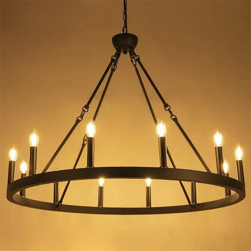 America Retro Industrial Iron Round Led Pendant Black Metallic Hanging Living Room Cafe Restaurant Decoration Suspend Chandelier - Image 6