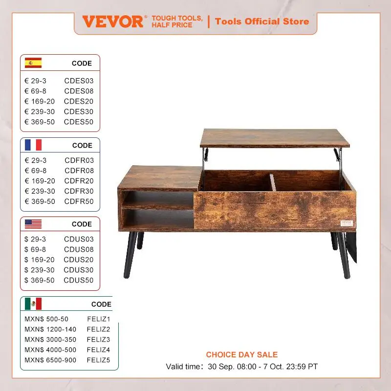 VEVOR Lift Top Coffee Table Round/Rectangle Coffee Table with Extra Storage Pockets Pop Up/Flipable Coffee Table for Living Room