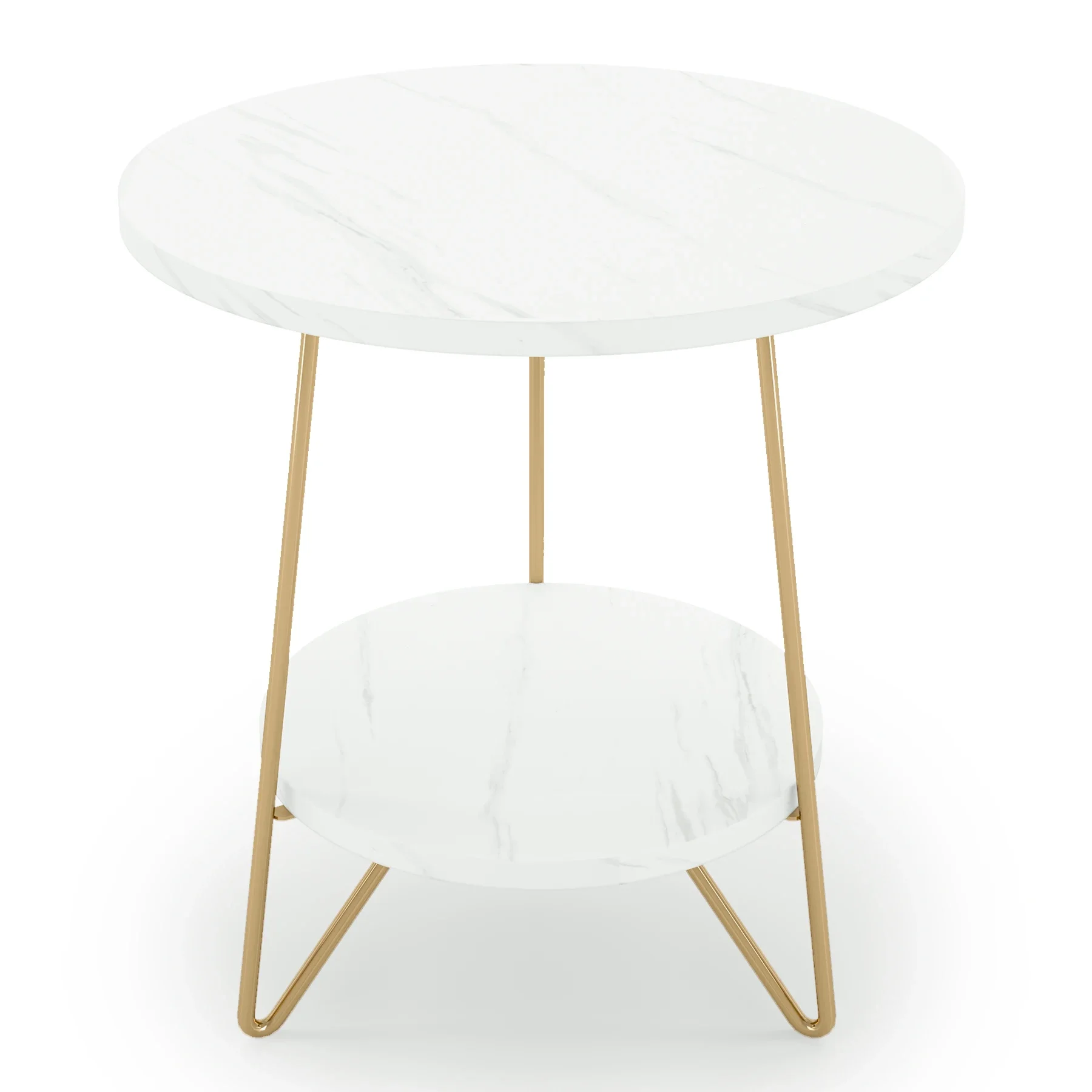 2 Tier Faux Marble End Table Round Side Table with Shelves Small Coffee Accent Table for Living Room, White and Gold