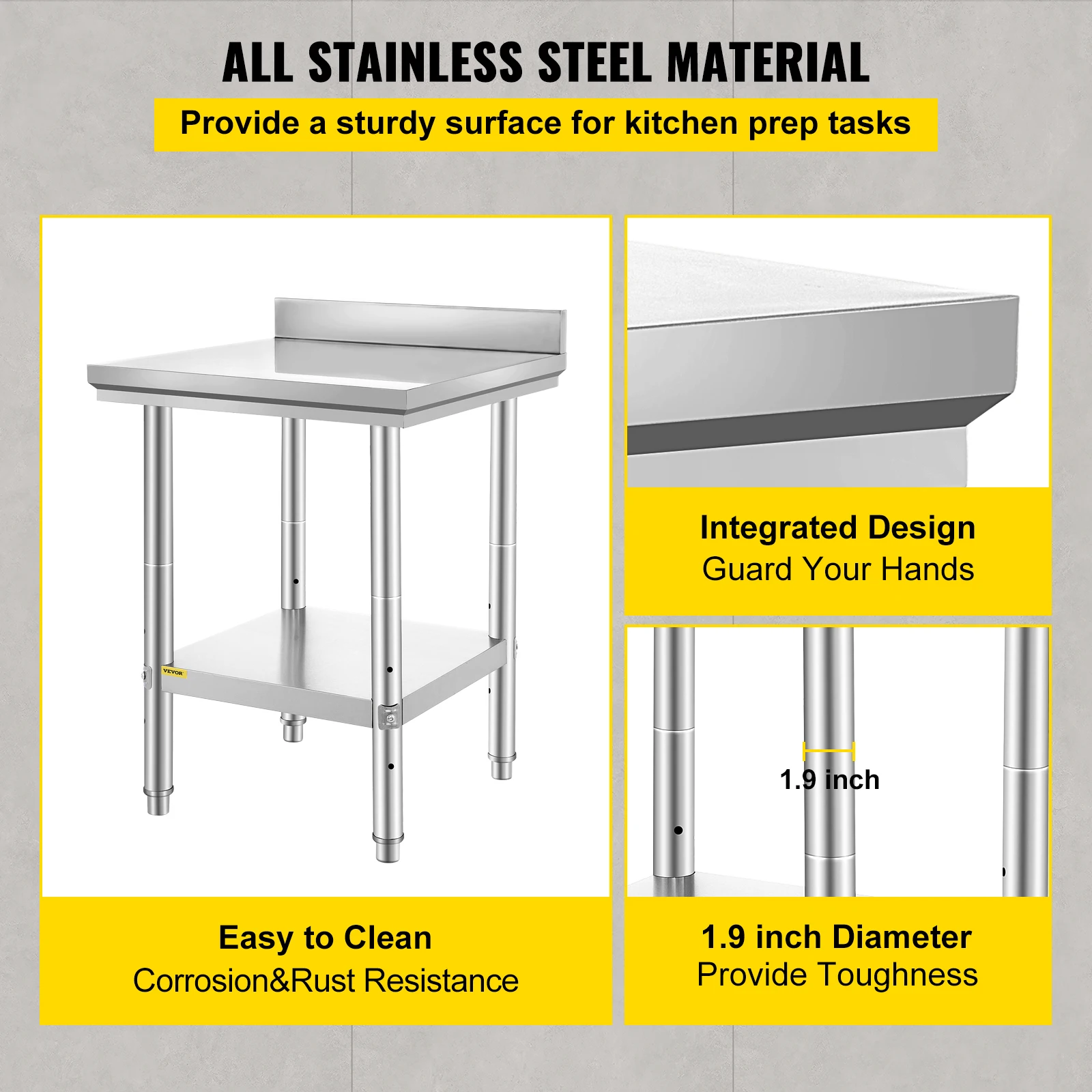 VEVOR Kitchen Work Bench Commercial Catering Table Worktable with Undershelf Stainless Steel 330LBS 286LBS for Restaurant Garage - Image 3