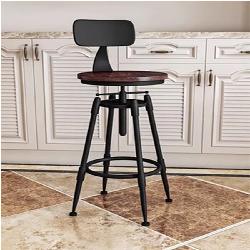 Retro American Country Style Swivel Bar Chair Stool Iron Art Wood/Soft Cushion Seat High Footstool Rotatable Liftable Bar Chair - Image 2