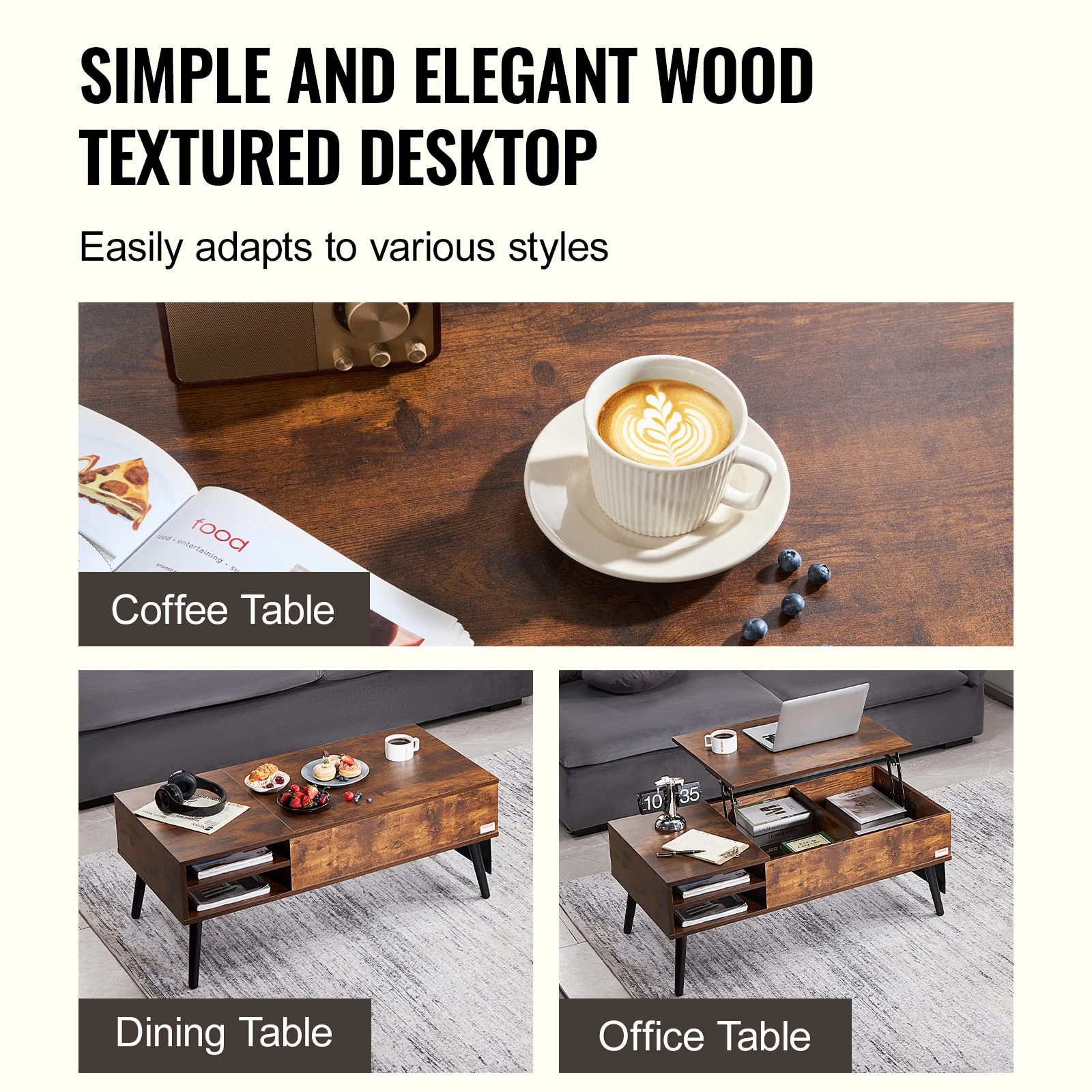 VEVOR Lift Top Coffee Table Round/Rectangle Coffee Table with Extra Storage Pockets Pop Up/Flipable Coffee Table for Living Room - Image 6