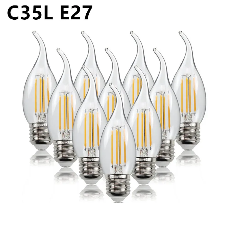 10PCS LED Filament Bulb E14 E27 E12 C35 C35L 220V 110 4W 6W Warm White Dimmable Glass 360 Degree Edison Retro Candle Light Blubs - Image 5