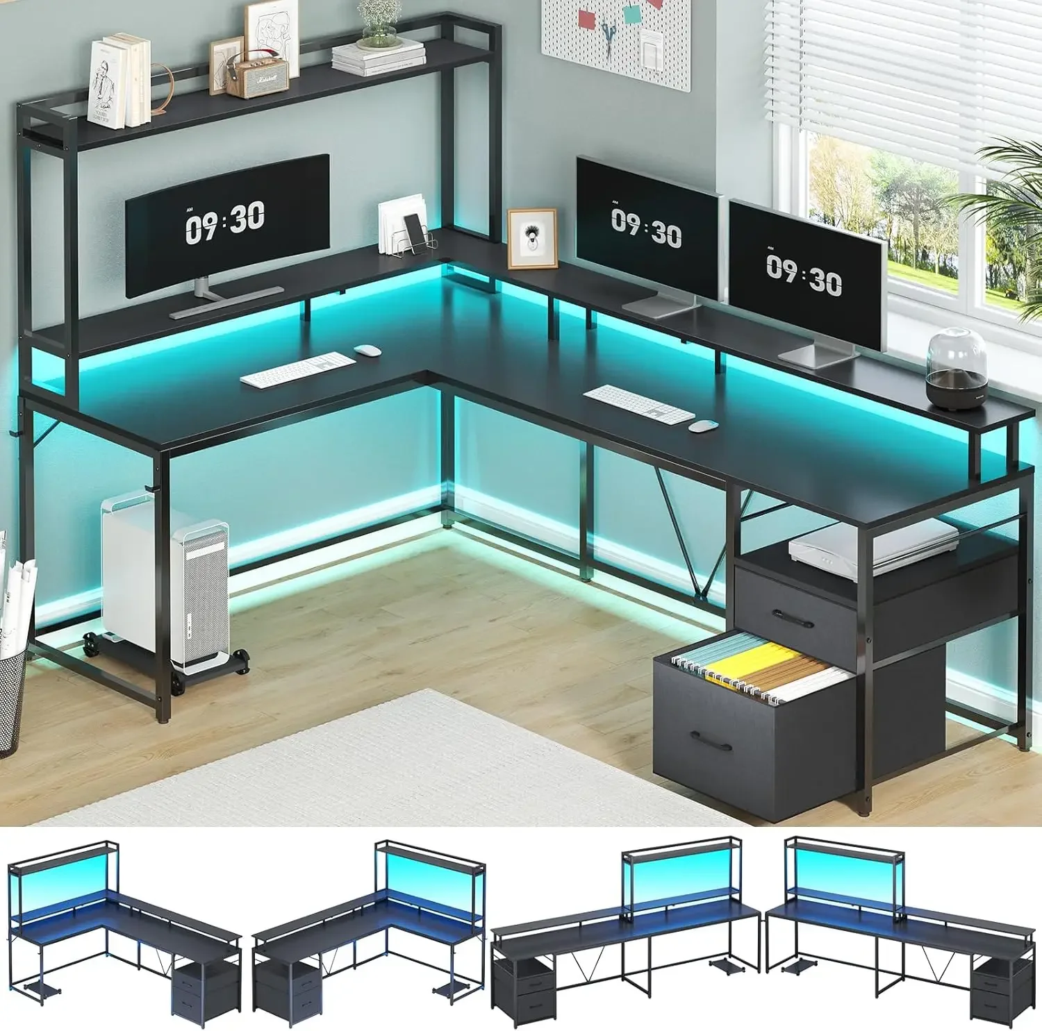 L Shaped Gaming Desk, 94.4" Home Office Desk with File Drawer and Monitor Shelf, Corner Gaming Computer Desk with Hutch - Image 2