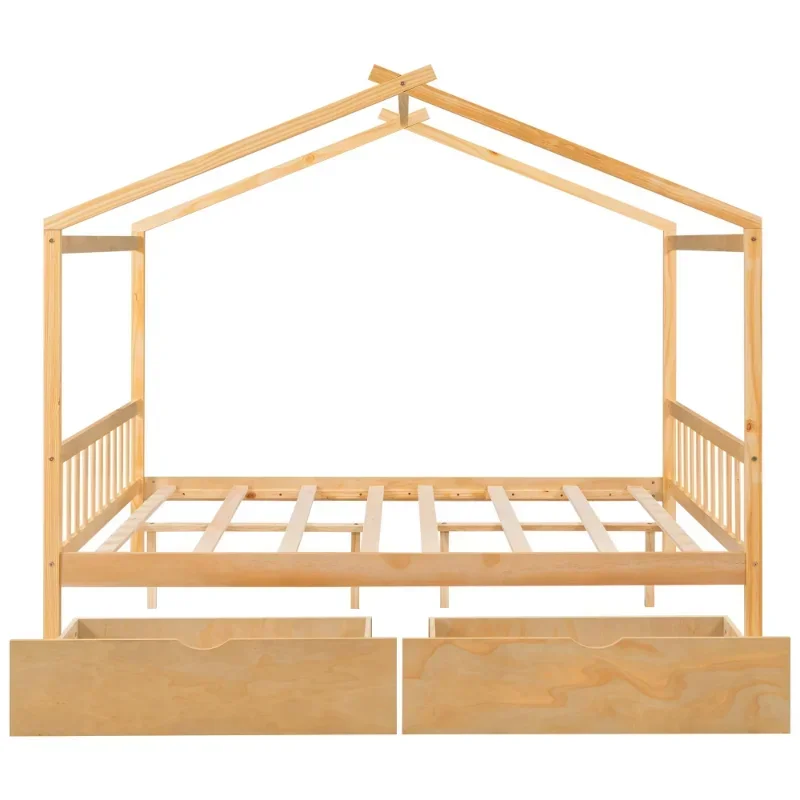 Full Size House Bed with Two Drawers for Kids, Solid Wood Platform Bed for Living Room, Natural