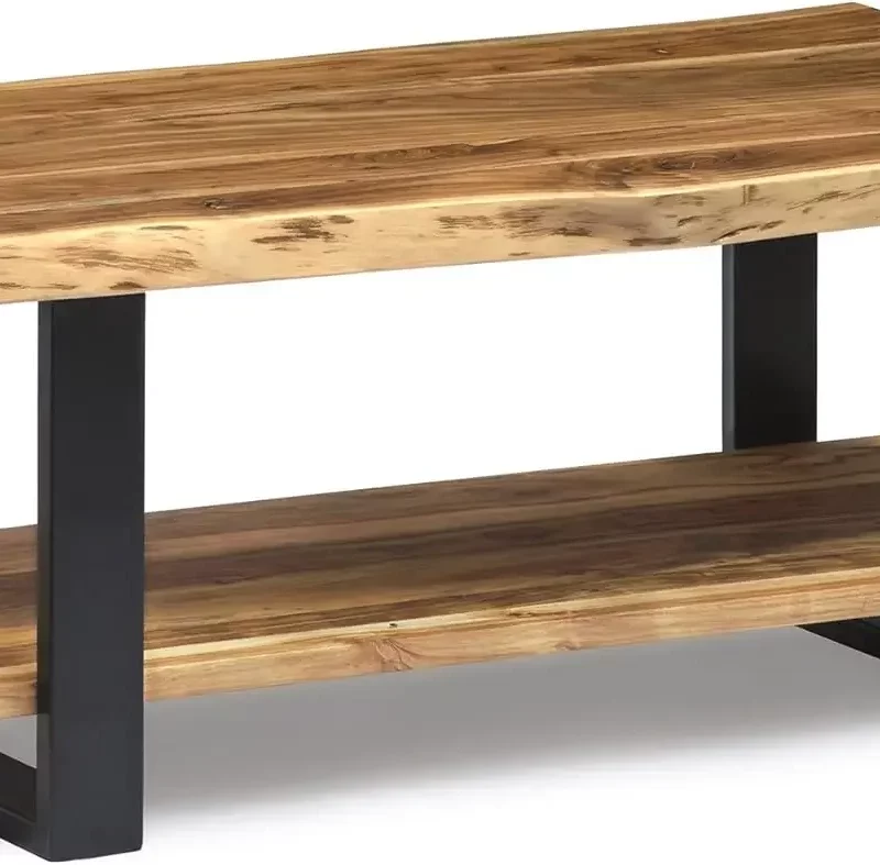 Natural Wood Live Edge Coffee Table w/ Metal Strap Legs Brown Black Metal Accents Unique Imperfections Clear Natural