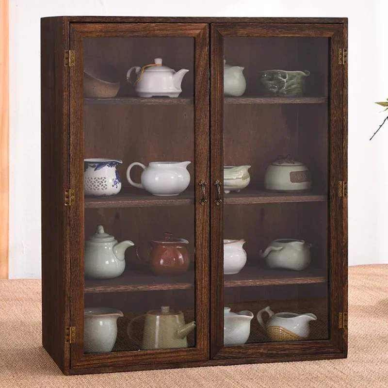 Desktop Tea Set Storage Shelf Dustproof Glass Cosmetics Display Cabinet Solid Wood Charcoal Baking Process Insect Prevention