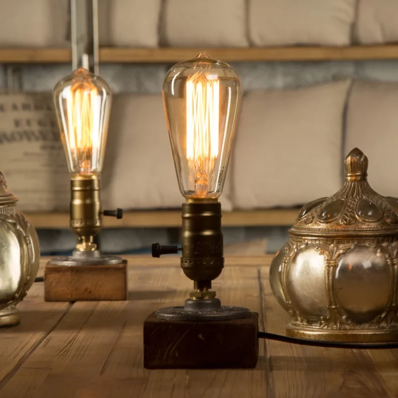 Industrial LED Table Lights With Switch Wood Desk Lamp Retro Home Decor Creative Art Gift Night Light