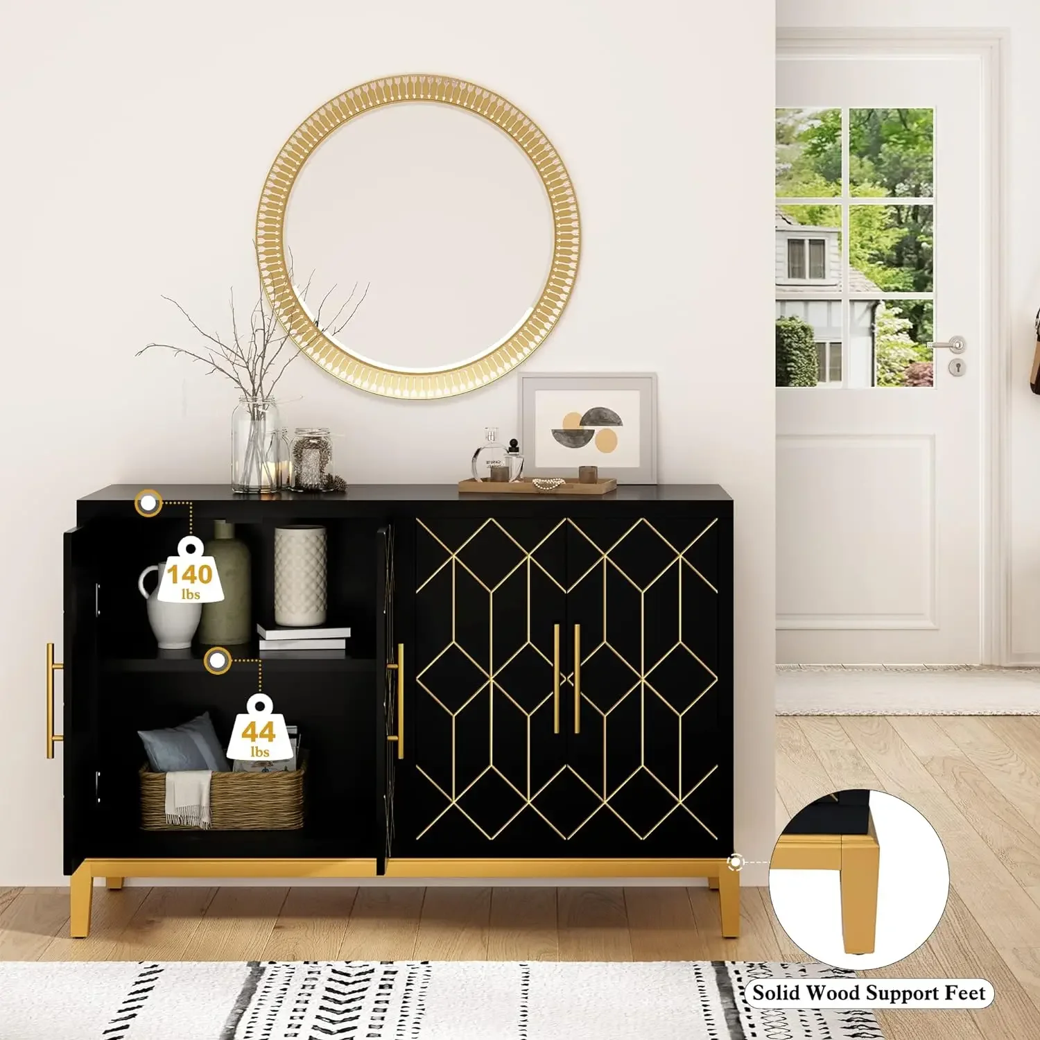 Accent Cabinet with 4 Doors & Shelves Sideboard Buffet Cabinet with Gold Trim Modern Black Storage Cabinet for Living Room - Image 3