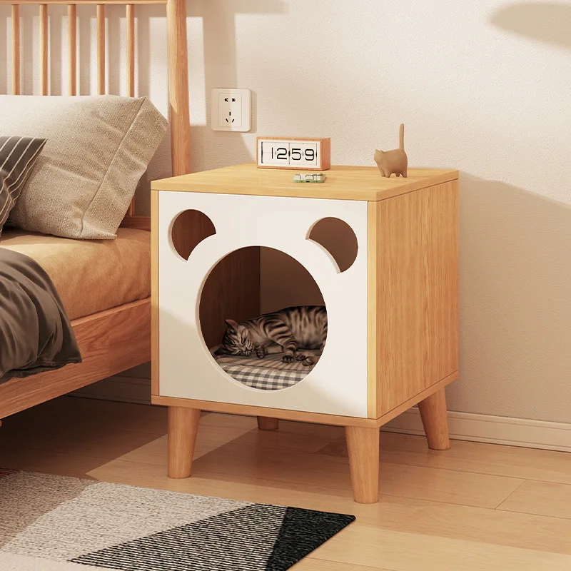 Functional Nightstand with Solid Wood Legs, Cat House, and Multiple Storage Compartments