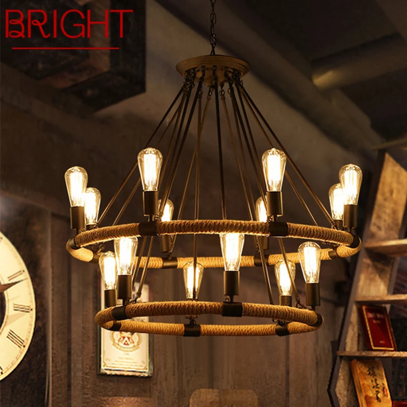 BRIGHT American Style Retrohemp Rope Chandelier Nostalgic Loft Industrial Style Internet Cafe Restaurant Hot Pot Shop Pendant