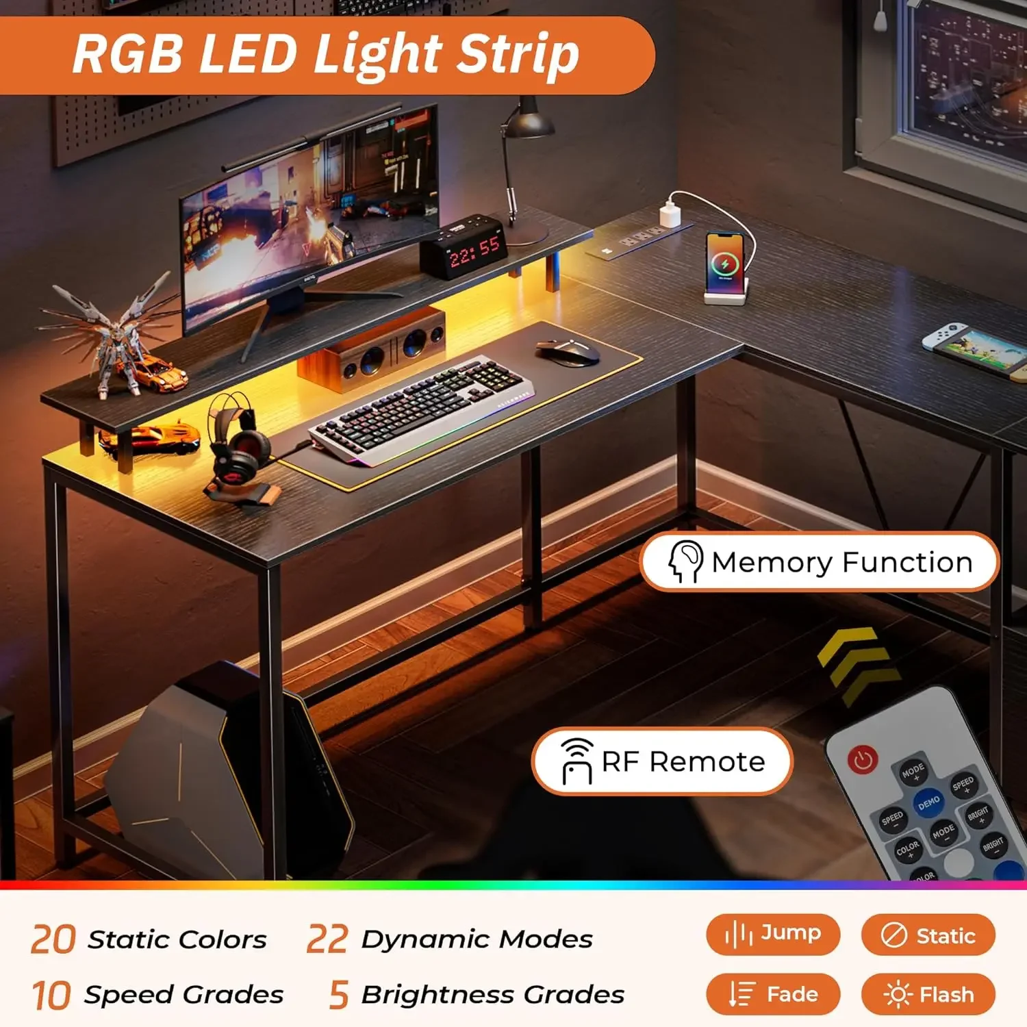 L Shaped Office Desk with LED Lights and Power Outlets, Reversible Computer Desk with File Cabinet and Monitor Shelves, - Image 5
