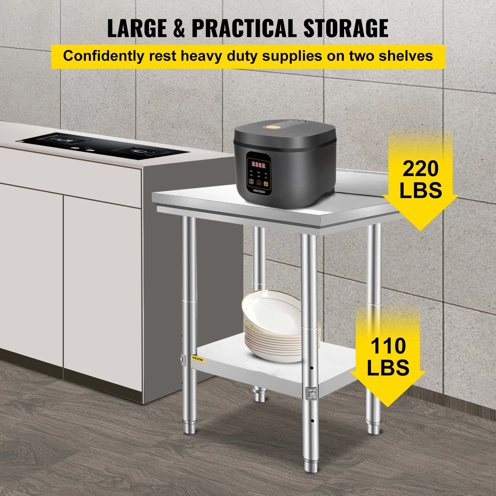 VEVOR Kitchen Work Bench Commercial Catering Table Worktable with Undershelf Stainless Steel 330LBS 286LBS for Restaurant Garage - Image 4